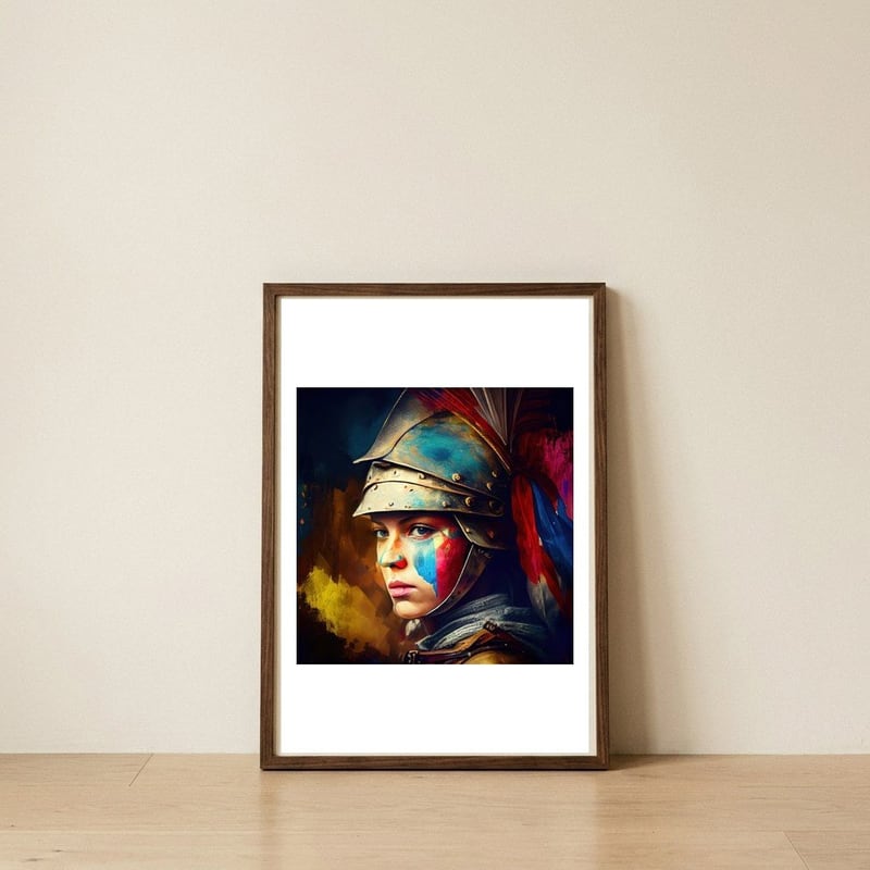 azure-helmet-warrior-portrait — framed, leaning against the wall