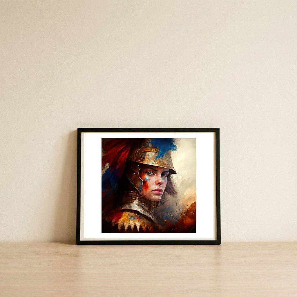 golden-helmet-warrior-woman-portrait — framed, leaning against the wall