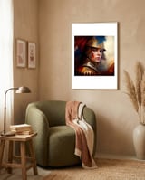 golden-helmet-warrior-woman-portrait framed in a tender room thumbnail