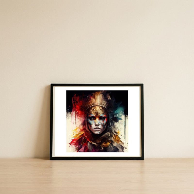 feather-crown-warrior-empress — framed, leaning against the wall