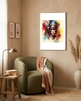radiant-feather-helm-warrior-queen framed in a tender room thumbnail