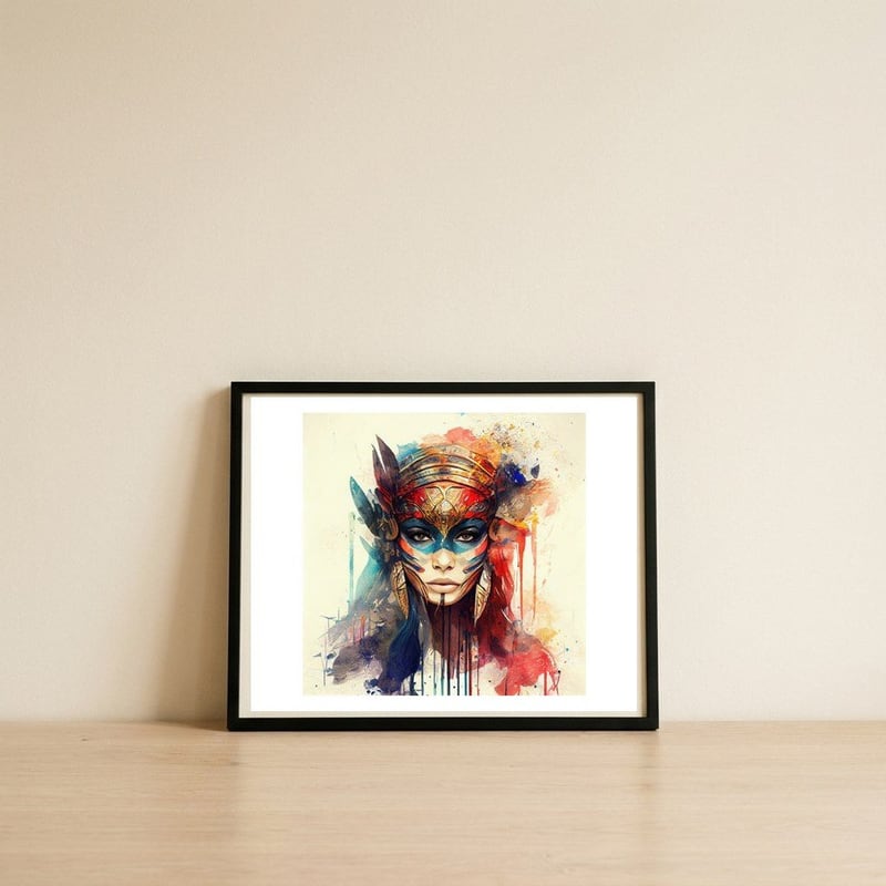 azure-mask-warrior-empress — framed, leaning against the wall
