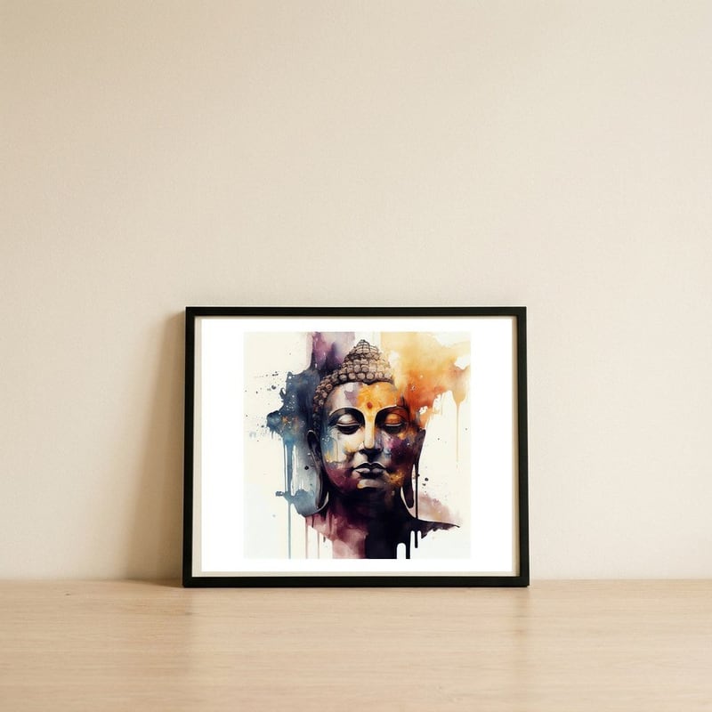 meditative-buddha-in-color-washes — framed, leaning against the wall
