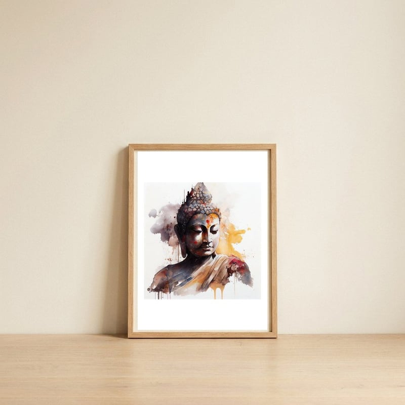 golden-serenity-buddha — framed, leaning against the wall