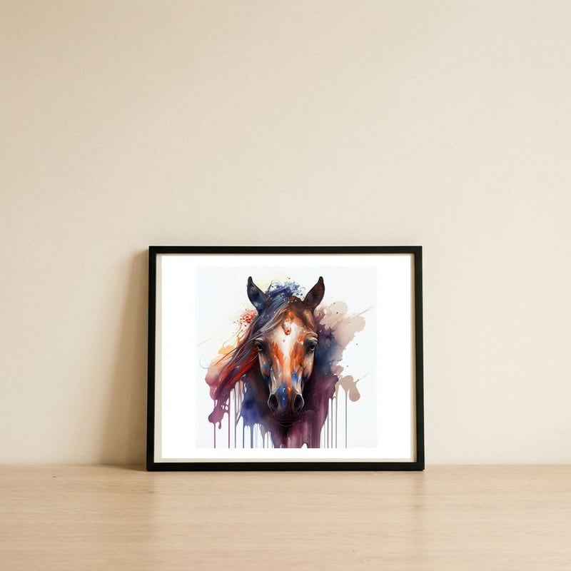 color-splash-horse-portrait — framed, leaning against the wall