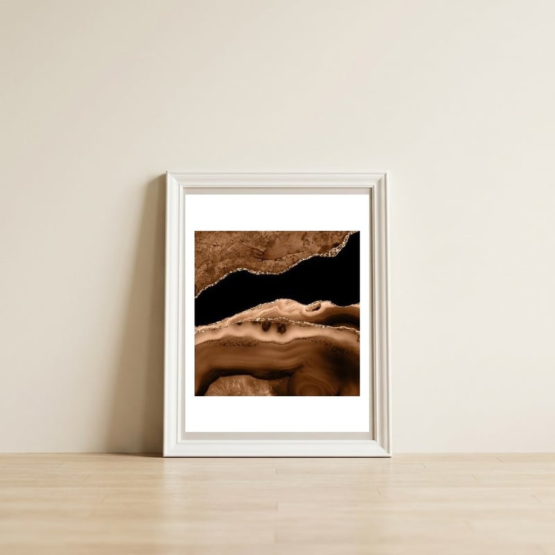 Brown & Gold Agate Texture 13 — framed, leaning against the wall