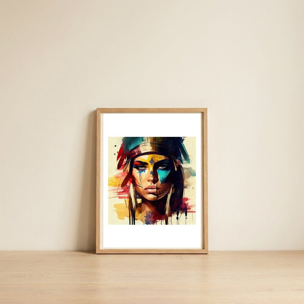 powerful-warrior-woman-portrait — framed, leaning against the wall