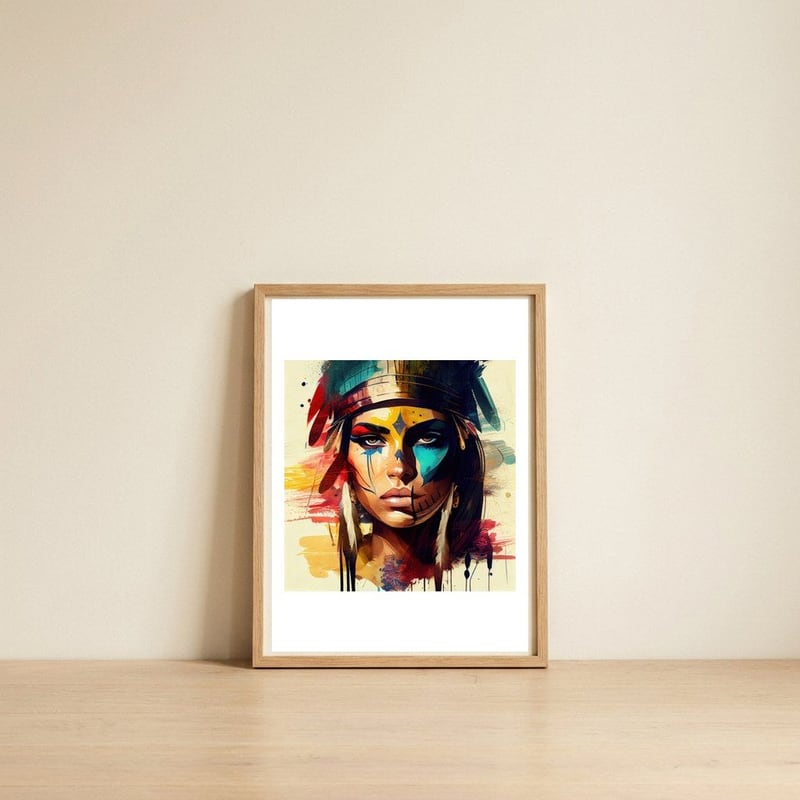 powerful-warrior-woman-portrait — framed, leaning against the wall