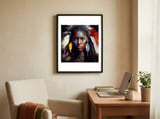 feathered-native-warrior-woman-portrait framed in a focused room thumbnail