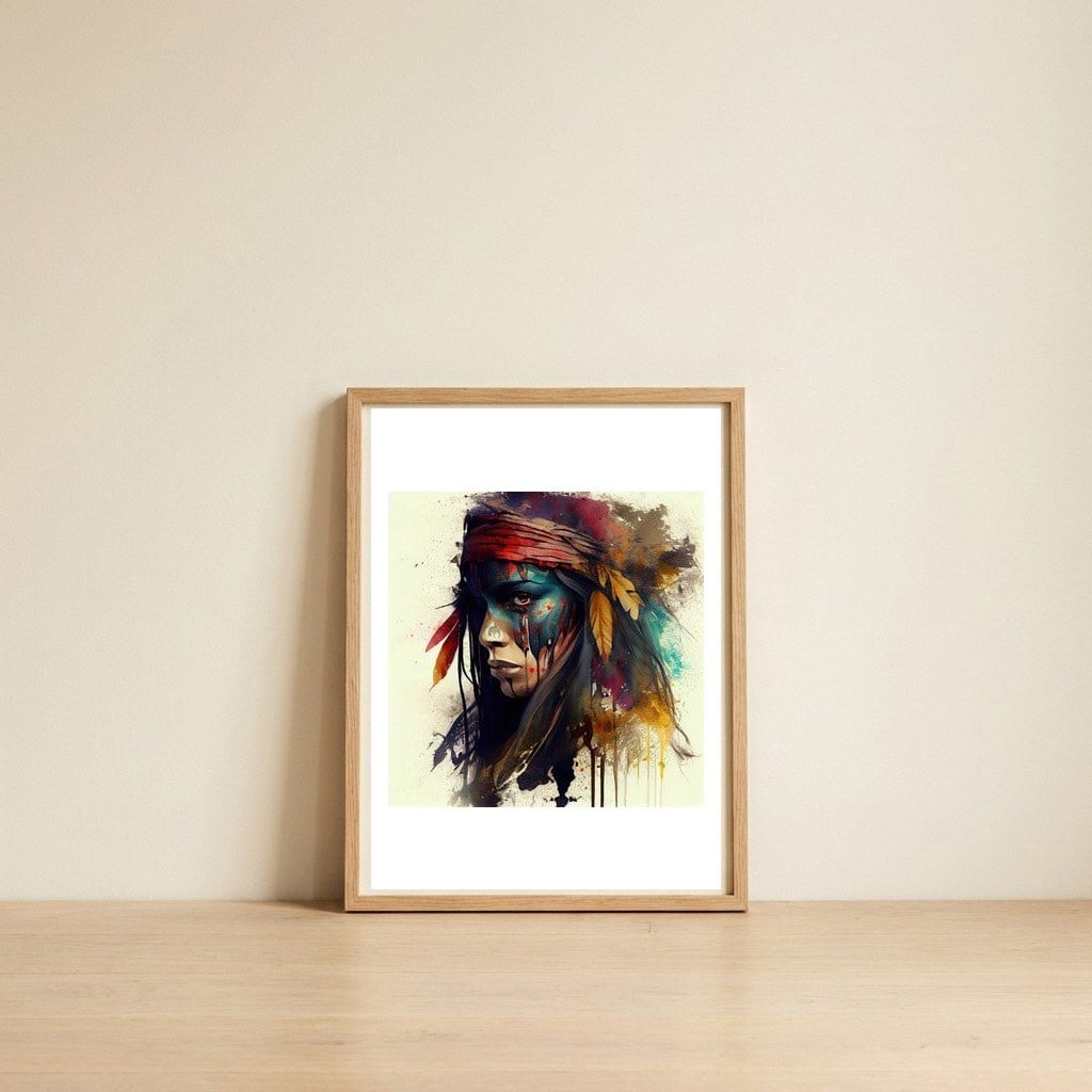 powerful-tribal-warrior-woman-profile — framed, leaning against the wall