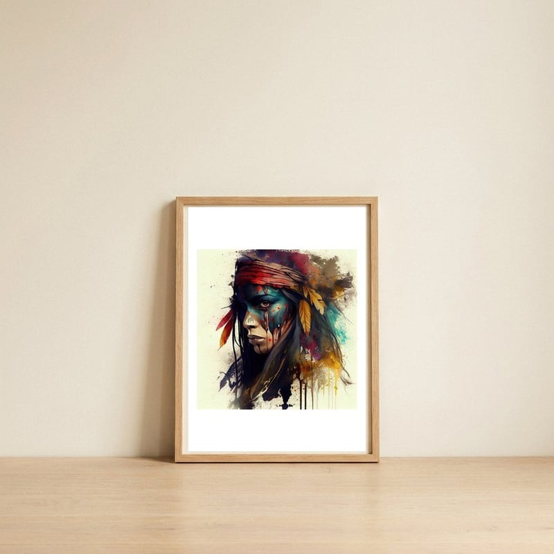 powerful-tribal-warrior-woman-profile — framed, leaning against the wall