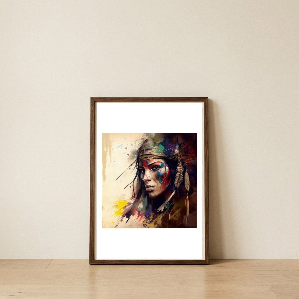 powerful-tribal-warrior-woman-side-gaze — framed, leaning against the wall