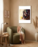 powerful-tribal-warrior-woman-side-gaze framed in a tender room thumbnail