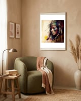 powerful-tribal-warrior-woman-side-gaze framed in a tender room thumbnail