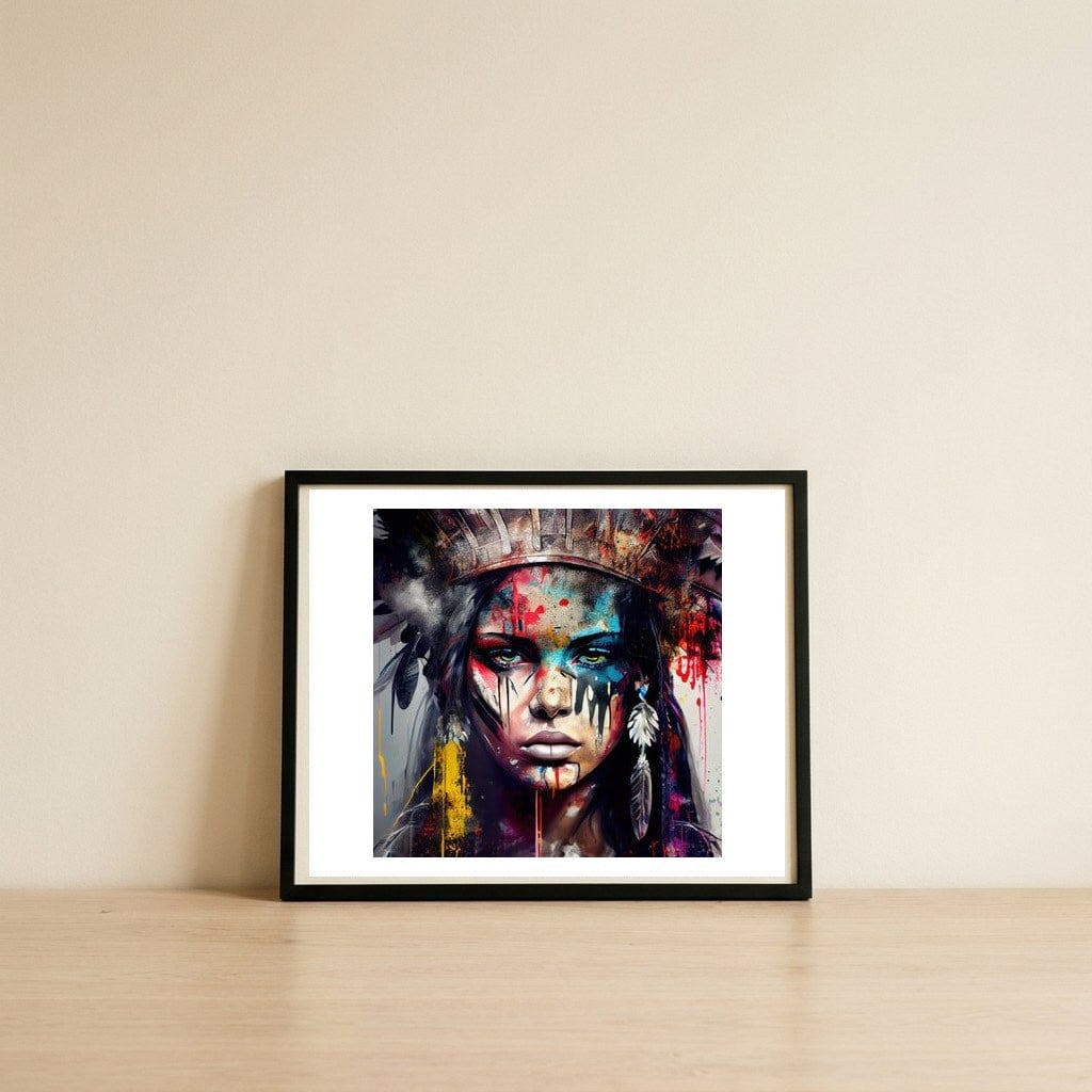 powerful-tribal-warrior-woman-front-gaze — framed, leaning against the wall