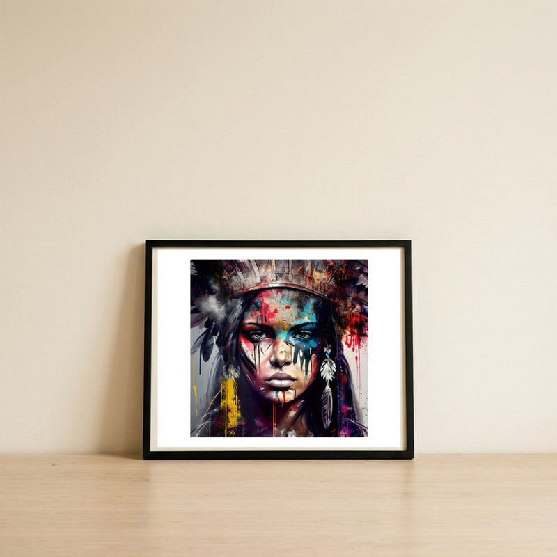 powerful-tribal-warrior-woman-front-gaze — framed, leaning against the wall