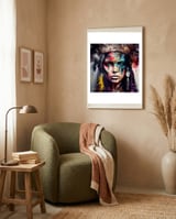 powerful-tribal-warrior-woman-front-gaze framed in a tender room thumbnail