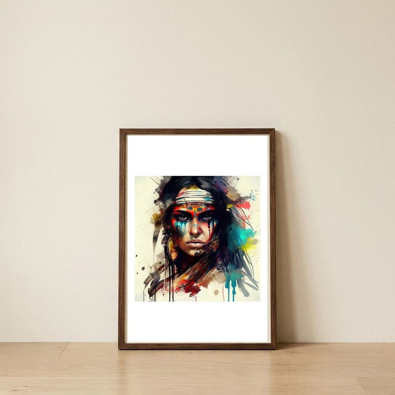 turquoise-warpaint-warrior — framed, leaning against the wall
