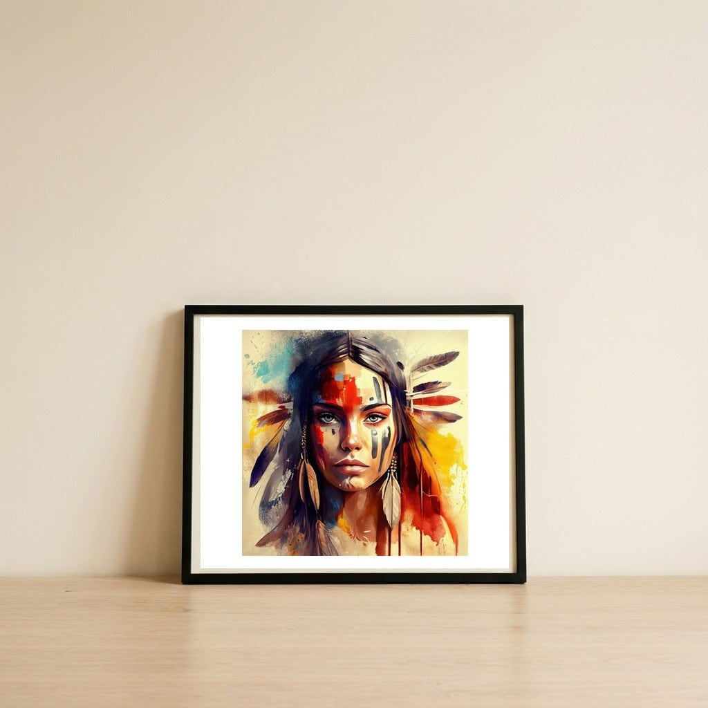 feathered-tribal-warrior-portrait — framed, leaning against the wall