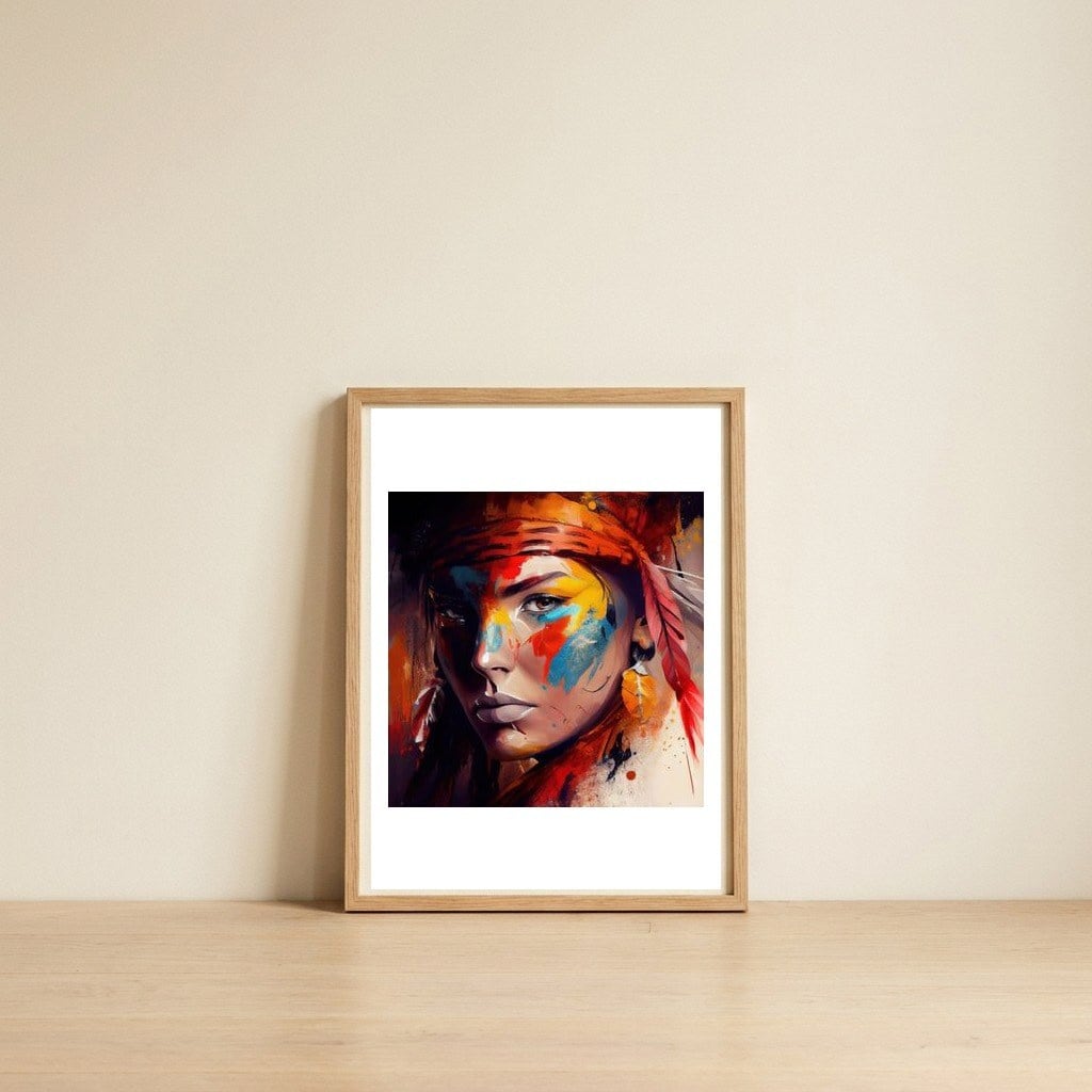 crimson-feathered-warrior-profile — framed, leaning against the wall