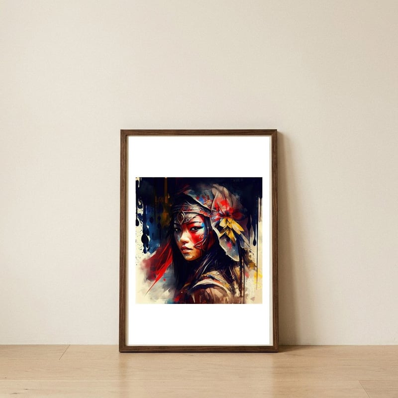 ceremonial-asian-warrior-woman-portrait — framed, leaning against the wall