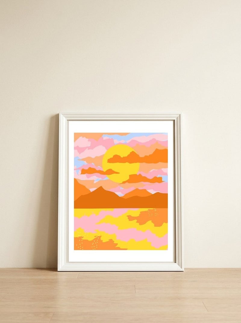 Colors Of The Sky, Sunset Sunrise Nature Landscape Illustration, Travel Adventure Bohemian Colorful — framed, leaning against the wall