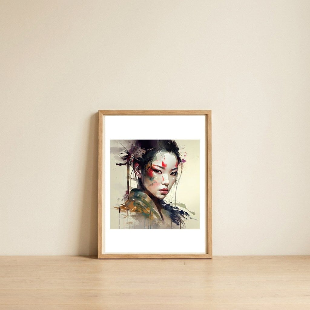 warrior-geisha-portrait — framed, leaning against the wall