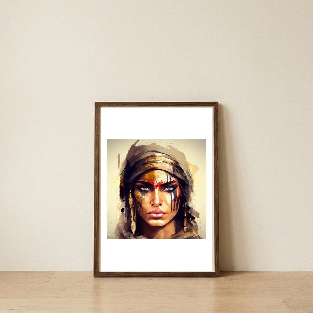 golden-warrior-woman-portrait — framed, leaning against the wall