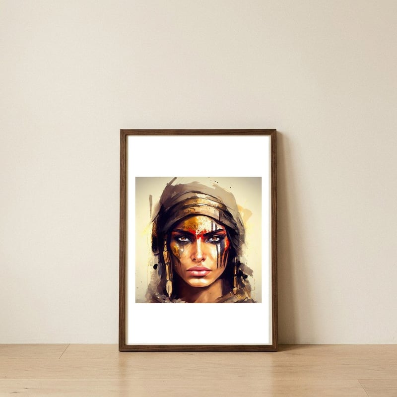 golden-warrior-woman-portrait — framed, leaning against the wall