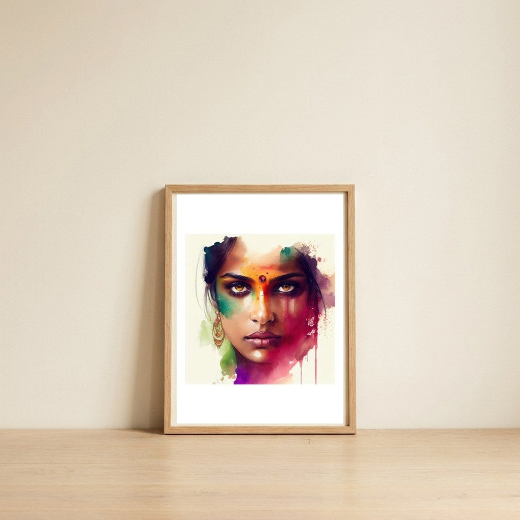 chromatic-bindi-hindu-portrait — framed, leaning against the wall