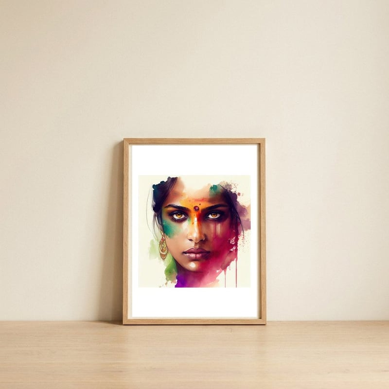 chromatic-bindi-hindu-portrait — framed, leaning against the wall