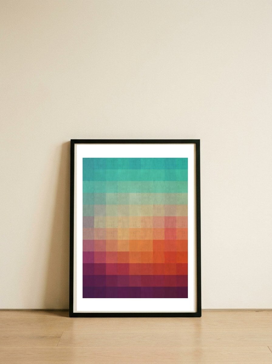 Geometric Sunset — framed, leaning against the wall