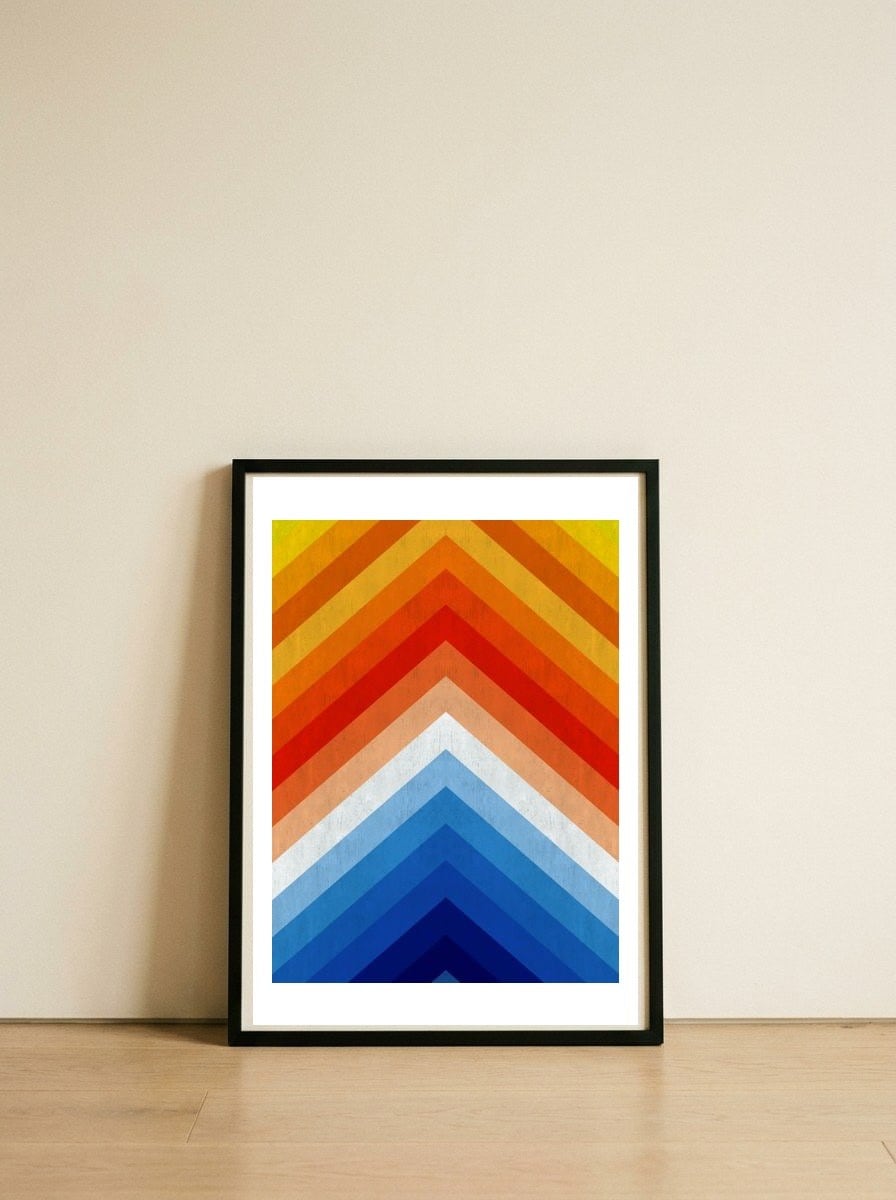 Orange and blue gradient IV — framed, leaning against the wall