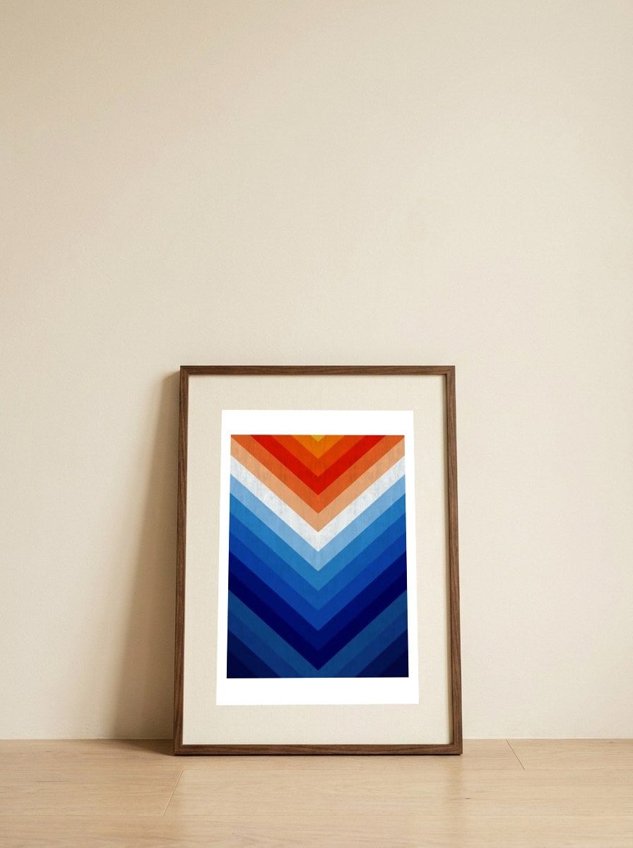 Orange and blue gradient III — framed, leaning against the wall