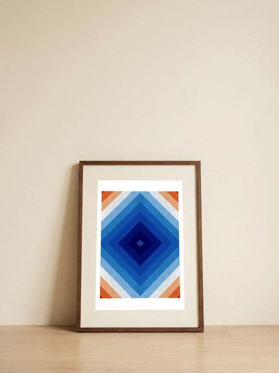 Orange and blue gradient I — framed, leaning against the wall