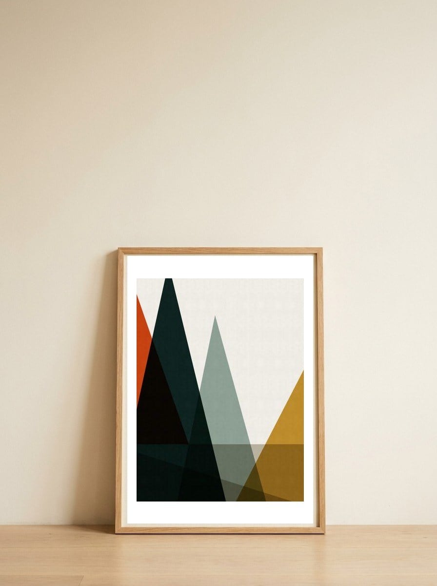 Geometric landscape X — framed, leaning against the wall
