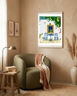 Greek Vacay For Two, Evil Eye Santorini Travel Summer, Eclectic Travel Architecture White Buildings Cafe framed in a tender room thumbnail