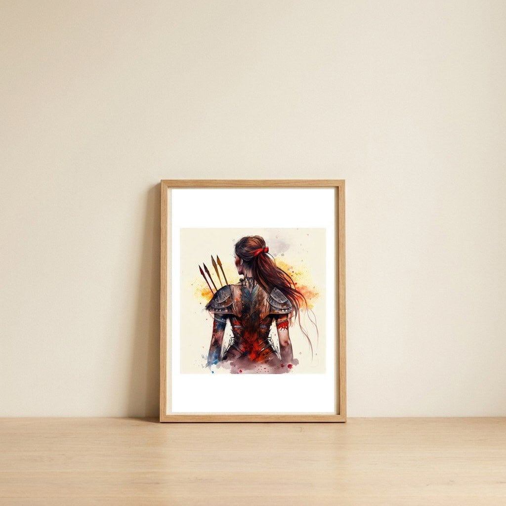 scarlet-archer-warrior — framed, leaning against the wall