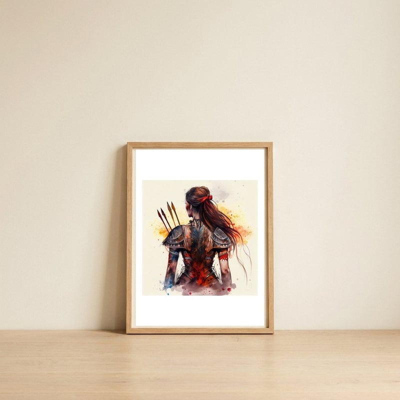 scarlet-archer-warrior — framed, leaning against the wall