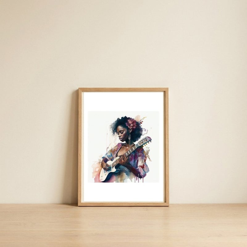 white-electric-guitarist-portrait — framed, leaning against the wall