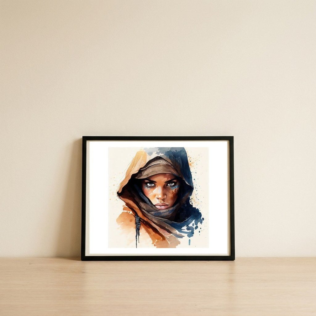 tuareg-woman-watercolor-portrait — framed, leaning against the wall