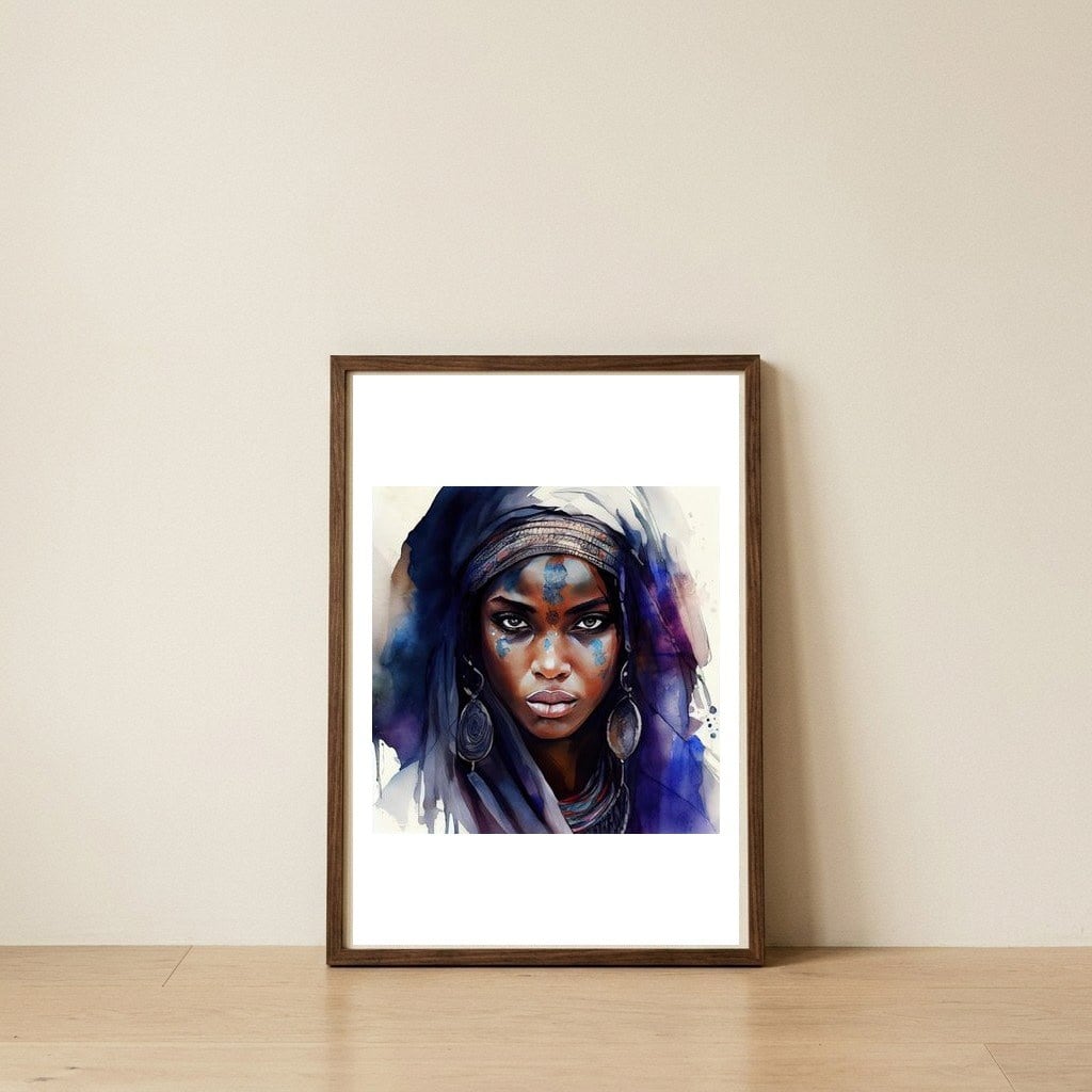 indigo-tuareg-woman-watercolor-portrait — framed, leaning against the wall