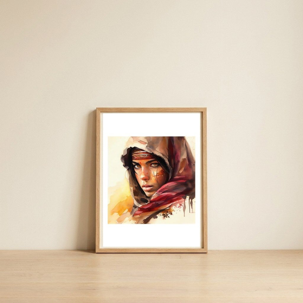 tuareg-woman-red-scarf-watercolor-portrait — framed, leaning against the wall