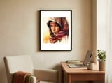 tuareg-woman-red-scarf-watercolor-portrait framed in a focused room thumbnail