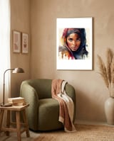 tuareg-woman-freckled-gaze framed in a tender room thumbnail