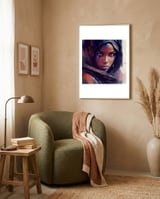 indigo-veil-tuareg-woman-watercolor-portrait framed in a tender room thumbnail