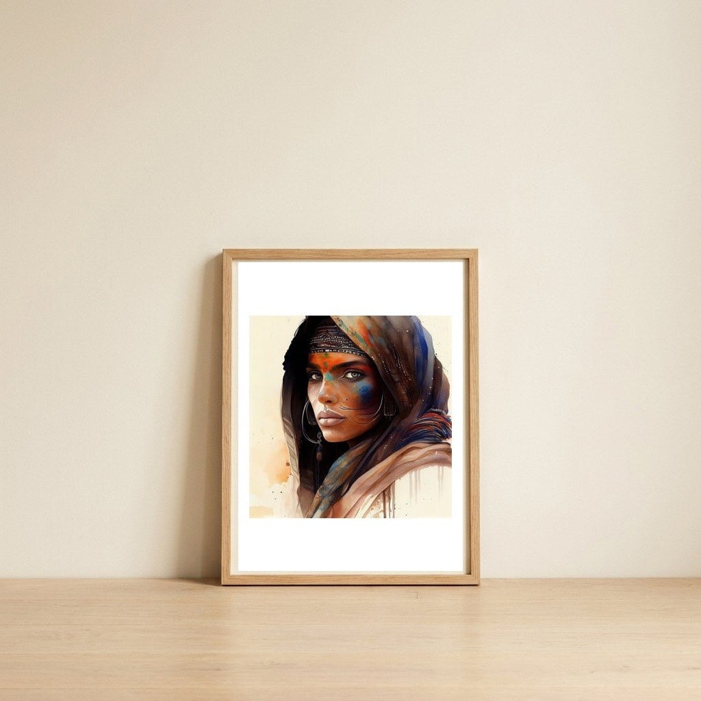 tuareg-woman-profile-with-indigo-marks — framed, leaning against the wall