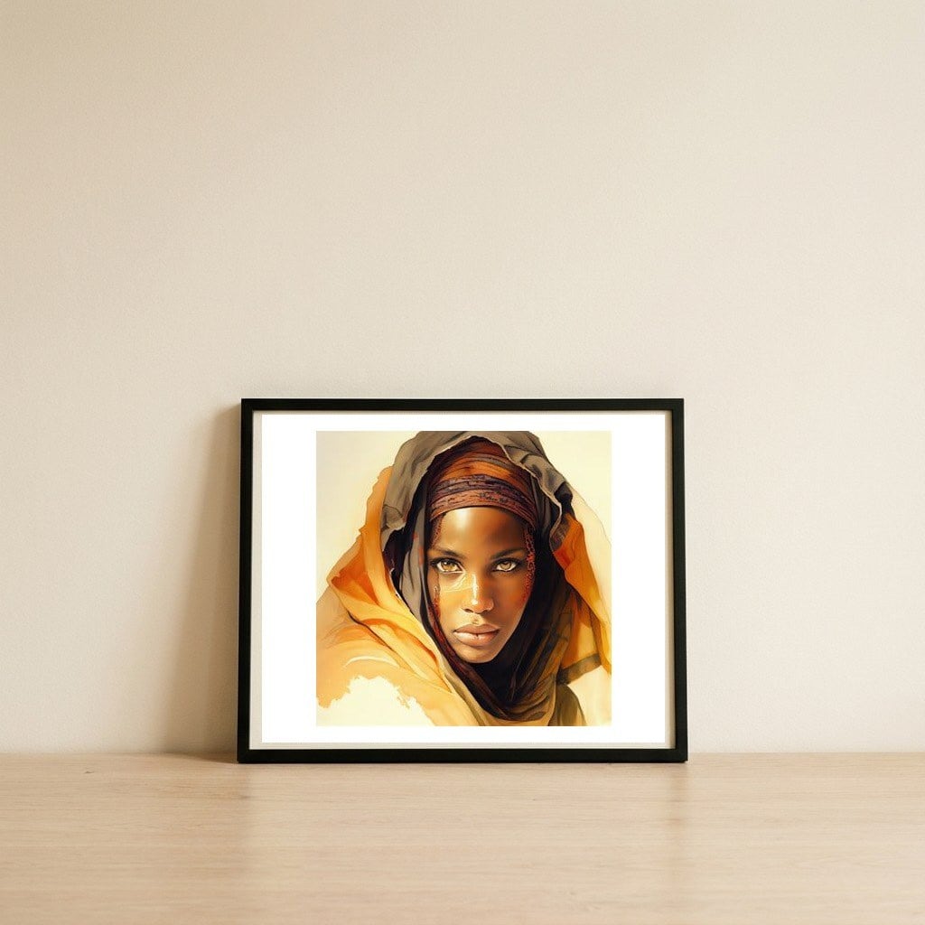 golden-tuareg-woman-watercolor-portrait — framed, leaning against the wall