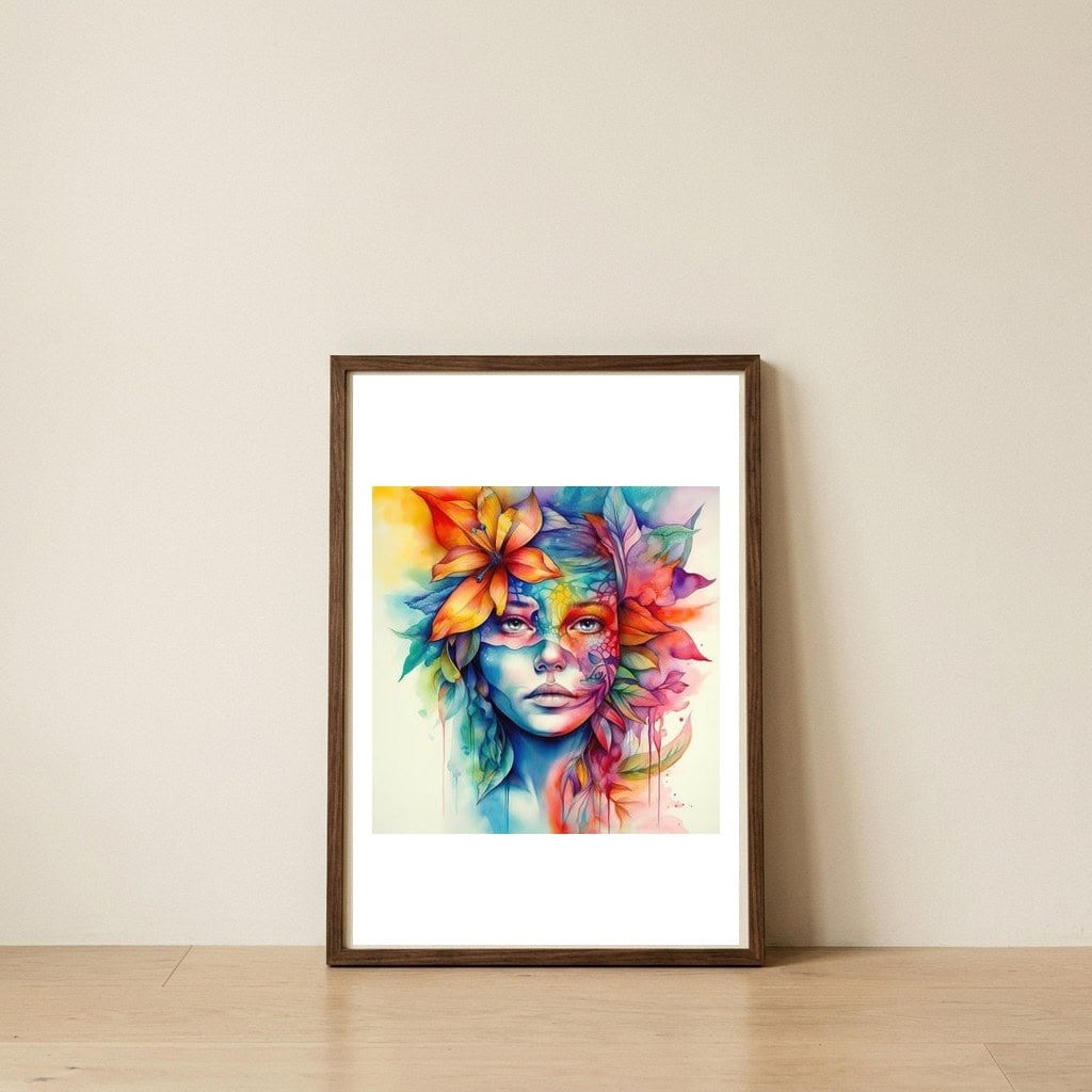 tropical-bloom-watercolor-portrait — framed, leaning against the wall