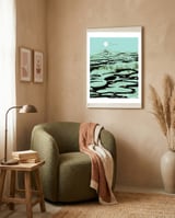 Dreamy Lake, Pastel Nature Botanical Jungle Landscape, Travel Pond Forest Plants Bohemian, Eclectic Scenic framed in a tender room thumbnail